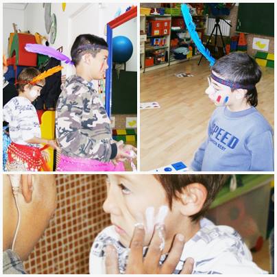 Collage of children at the "Baile de las tribus" workshop at Sant Rafael School. Photos show students with face paint, feather head bands, and sashes around their waists.